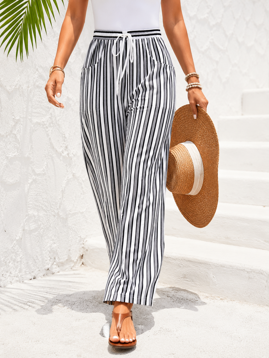 Striped Luxury Knit Wide Leg Trousers for Women | High Waist | Sizes L XL 2XL | Miss Kapachi