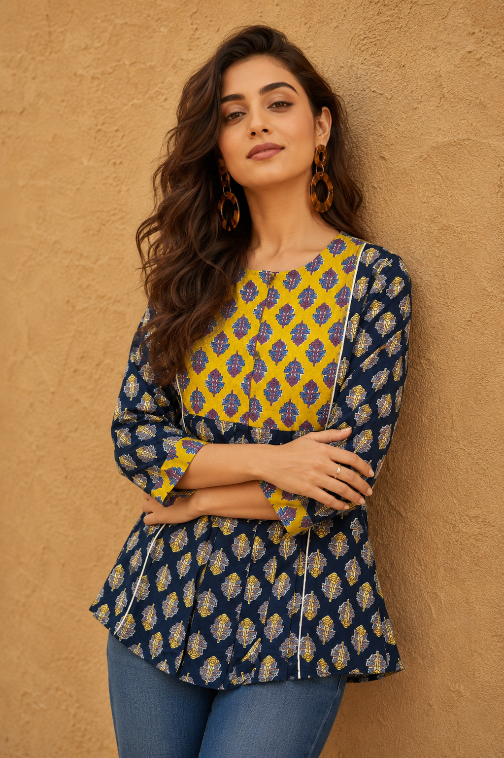 Ethnic Block Print Peplum Top | Round Neck, 3/4 Sleeves | Miss Kapachi
