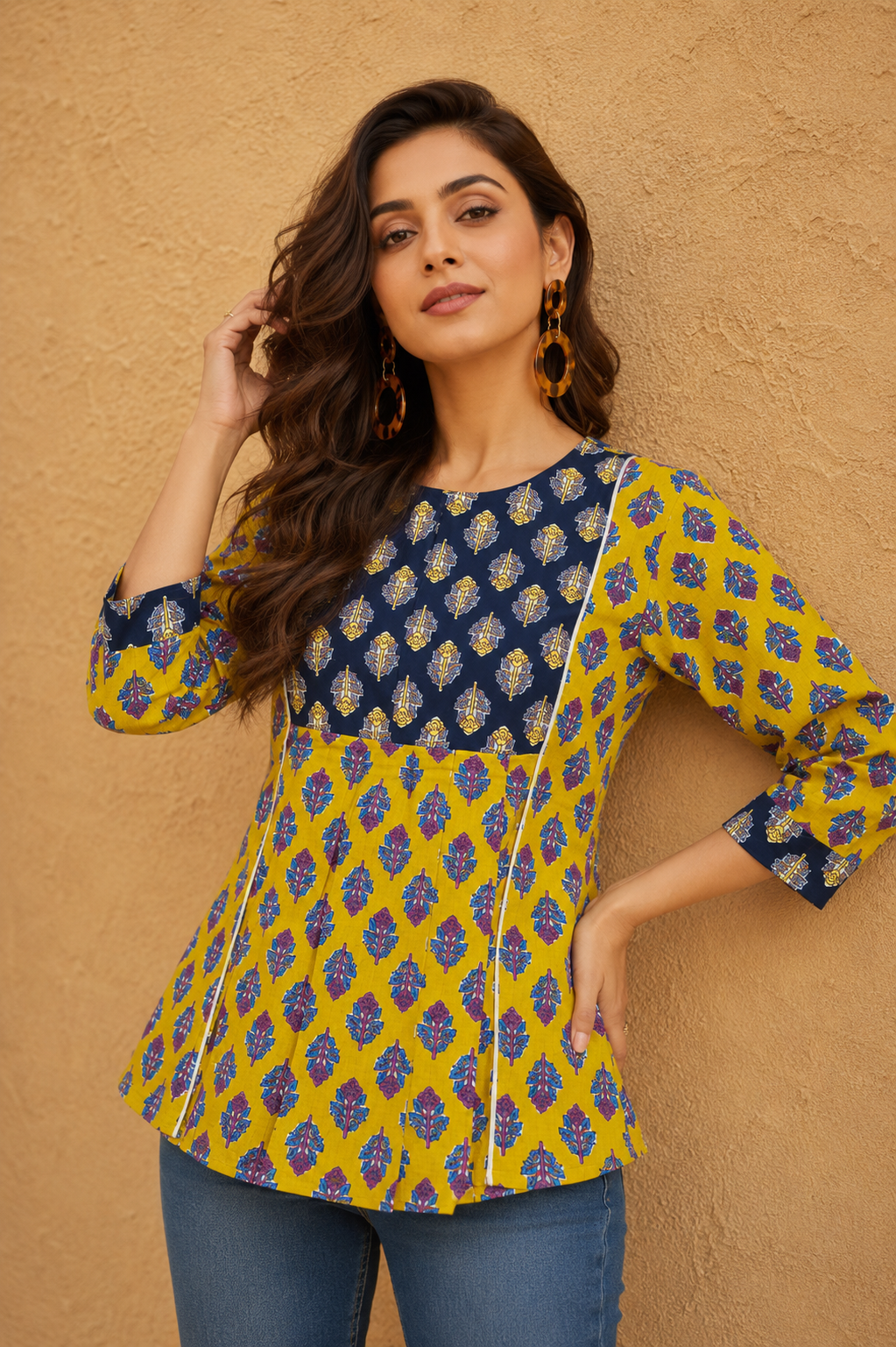 Ethnic Block Print Peplum Top | Round Neck, 3/4 Sleeves | Miss Kapachi