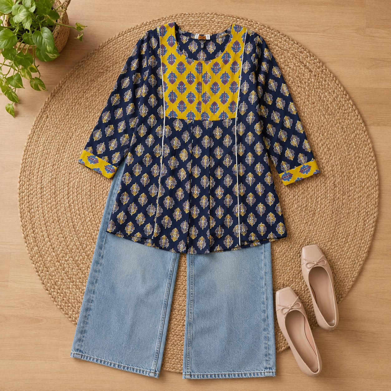 Ethnic Block Print Peplum Top | Round Neck, 3/4 Sleeves | Miss Kapachi