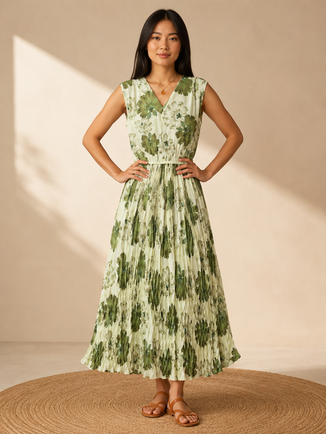 Imported Cristal Satin Floral Pleated Maxi Dress for Women | Sizes L XL 2XL | Miss Kapachi