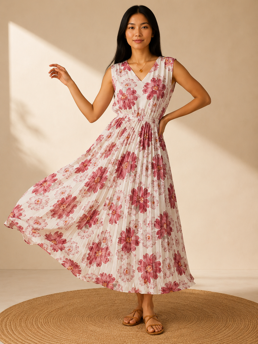 Imported Cristal Satin Floral Pleated Maxi Dress for Women | Sizes L XL 2XL | Miss Kapachi