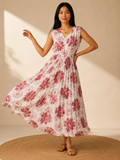 Imported Cristal Satin Floral Pleated Maxi Dress for Women | Sizes L XL 2XL | Miss Kapachi