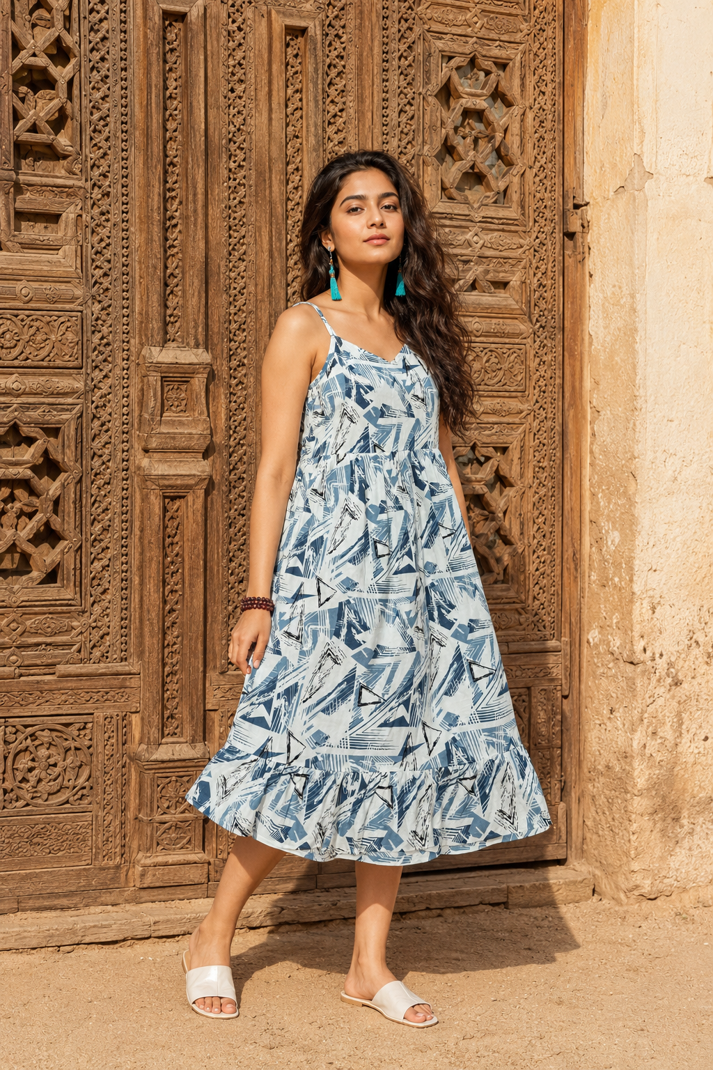 Geometric Print Spaghetti Strap Midi Dress | Imported Austin Royal Faib | Zero+1