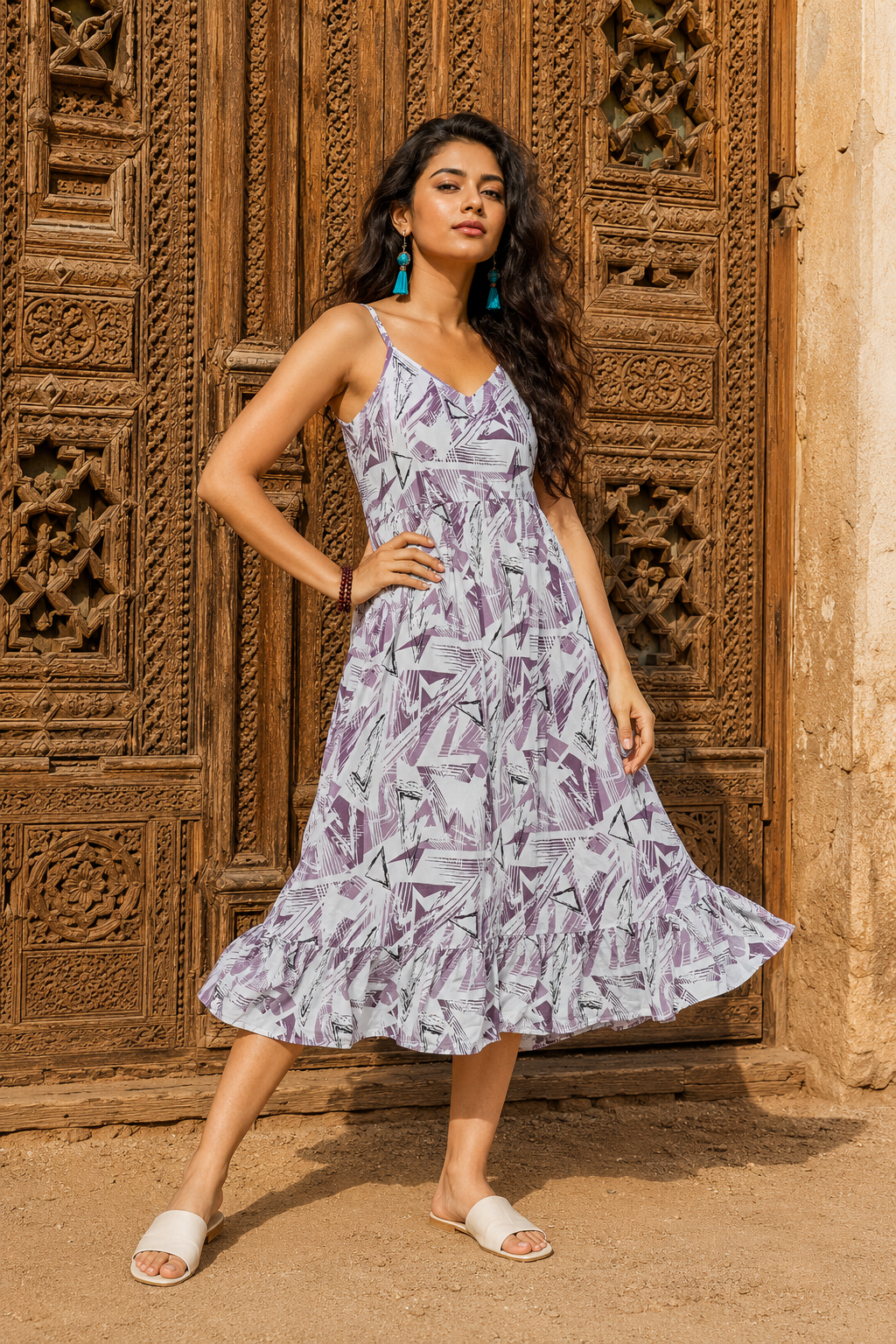 Geometric Print Spaghetti Strap Midi Dress | Imported Austin Royal Faib | Zero+1