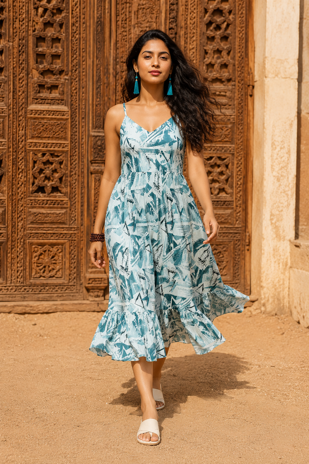 Geometric Print Spaghetti Strap Midi Dress | Imported Austin Royal Faib | Zero+1