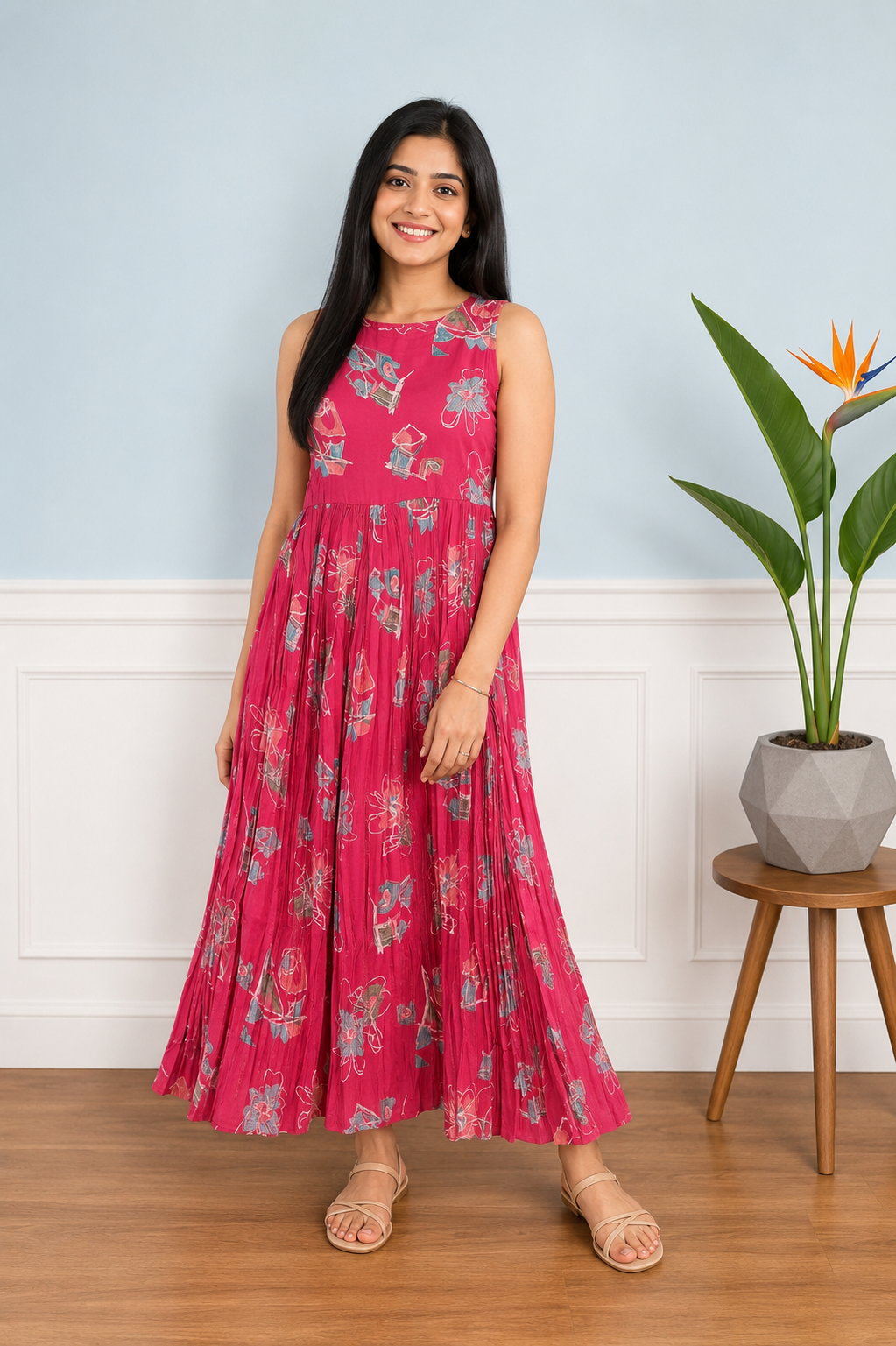 Imported Crystal Satin Print Flared Maxi Gown | Ethnic Print Sleeveless Dress | Miss Kapachi