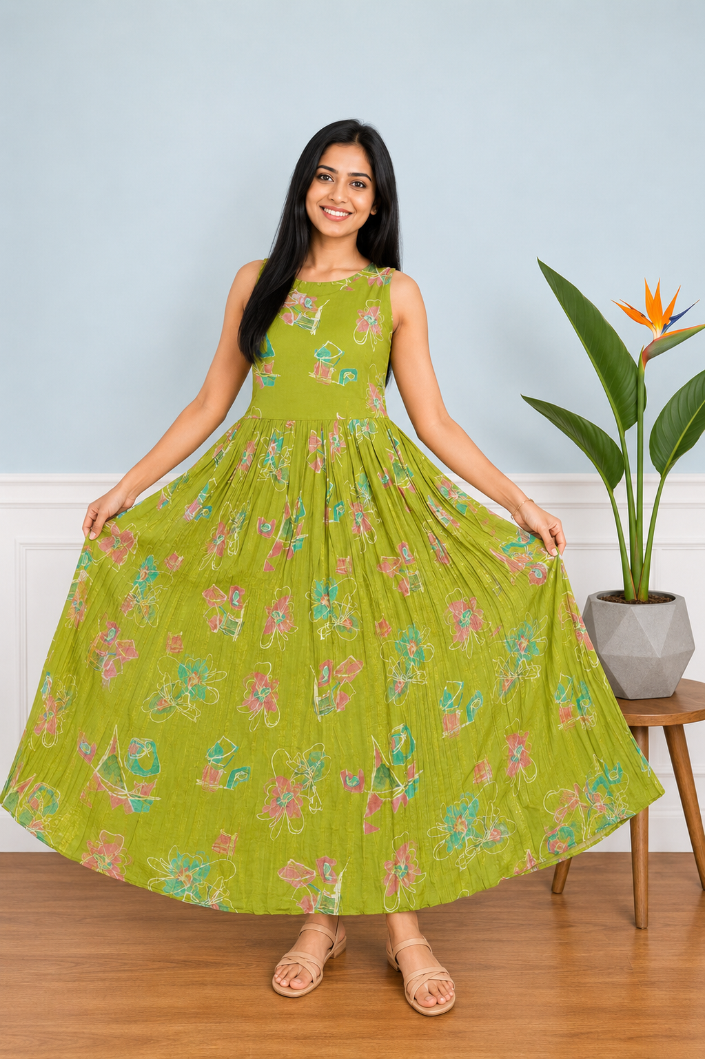 Imported Crystal Satin Print Flared Maxi Gown | Ethnic Print Sleeveless Dress | Miss Kapachi