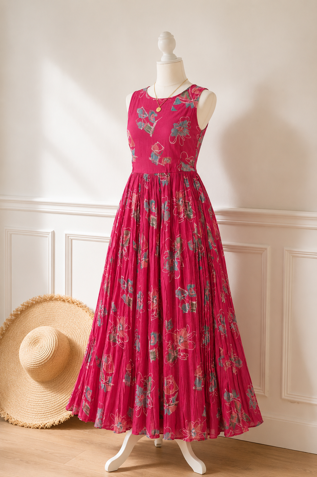 Imported Crystal Satin Print Flared Maxi Gown | Ethnic Print Sleeveless Dress | Miss Kapachi