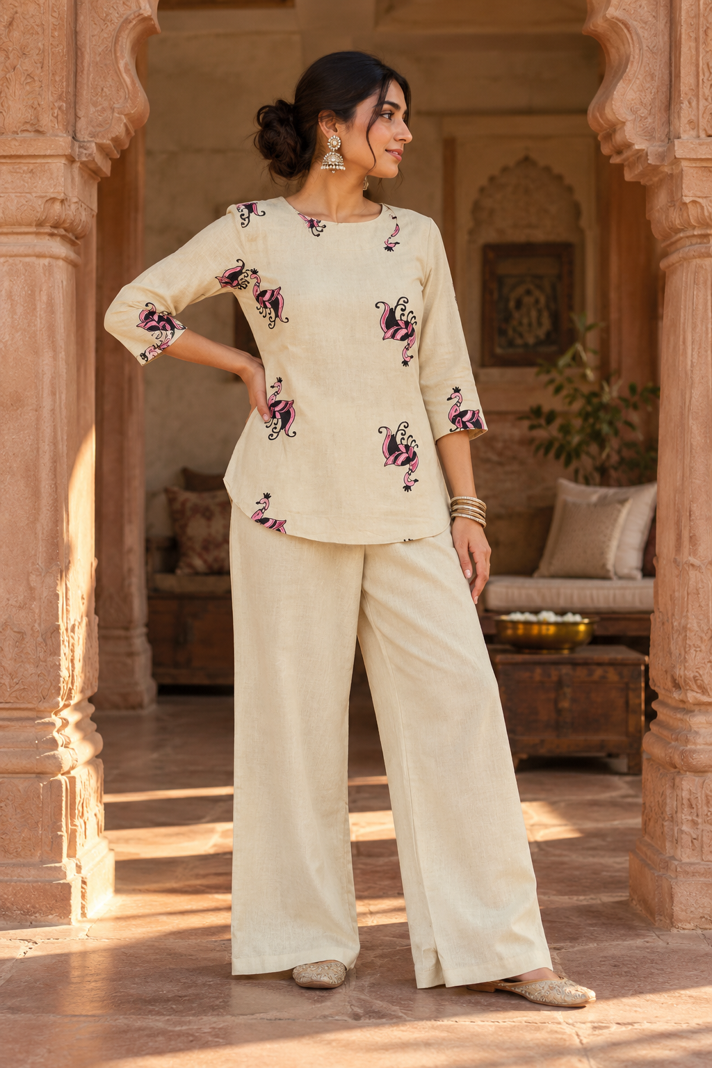 Women's Peacock Print Tunic & Wide-Leg Pants Co-Ord Set | Miss Kapachi