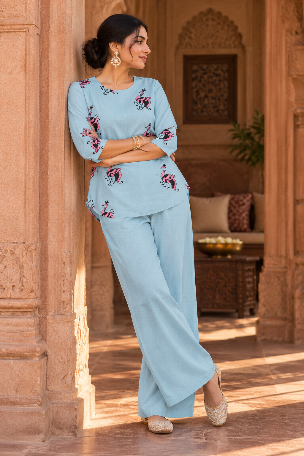 Women's Peacock Print Tunic & Wide-Leg Pants Co-Ord Set | Miss Kapachi