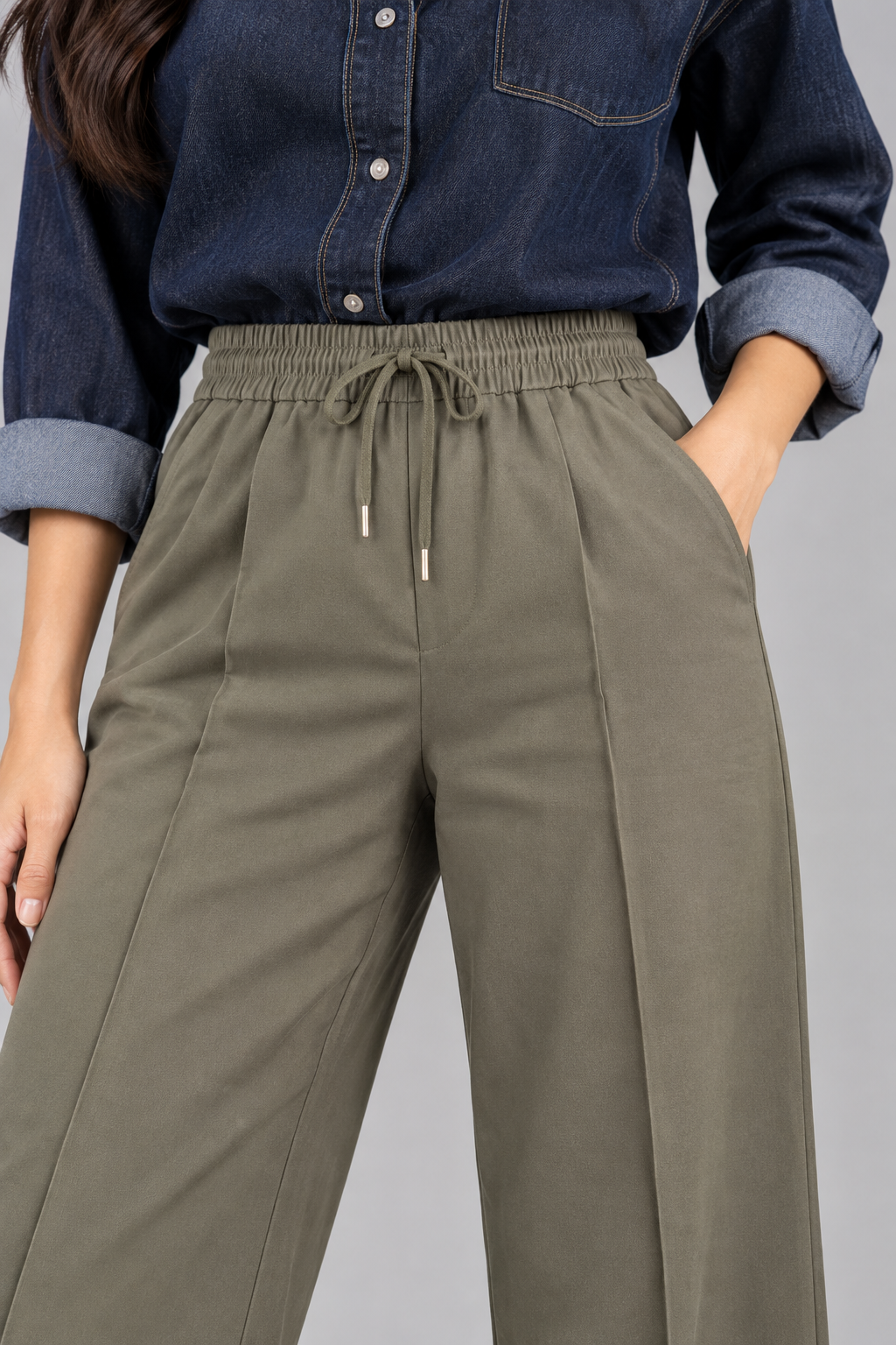 Front-Crease Wide-Leg Trousers with Drawstring Waist | Miss Kapachi