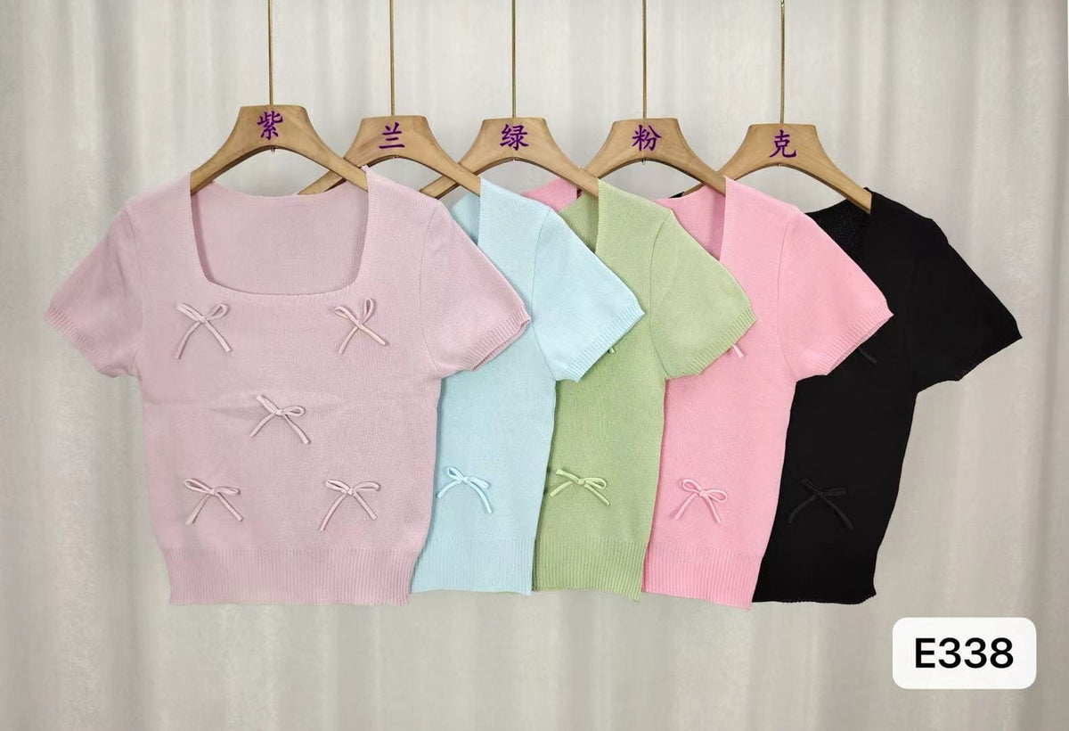 Women's square neck 3D bow ribbed knitted crop top shown in lilac, mint blue, pistachio green, baby pink and black