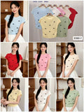 Women's bow embroidered cap sleeve knitted crop top shown in sky blue, white, baby pink, sage green, red, butter yellow and cream