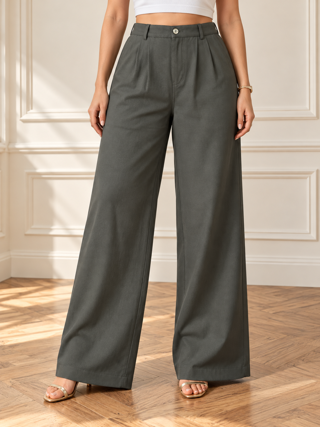 Pleated Wide-Leg Trousers with Belt Loops | Miss Kapachi