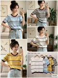 Women's striped round neck half sleeve ice silk knitted top shown in sky blue, grey, white with pink trim and mustard yellow