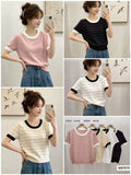 Women's pointelle knit half sleeve top with contrast trims shown in blush pink, cream beige, white and black
