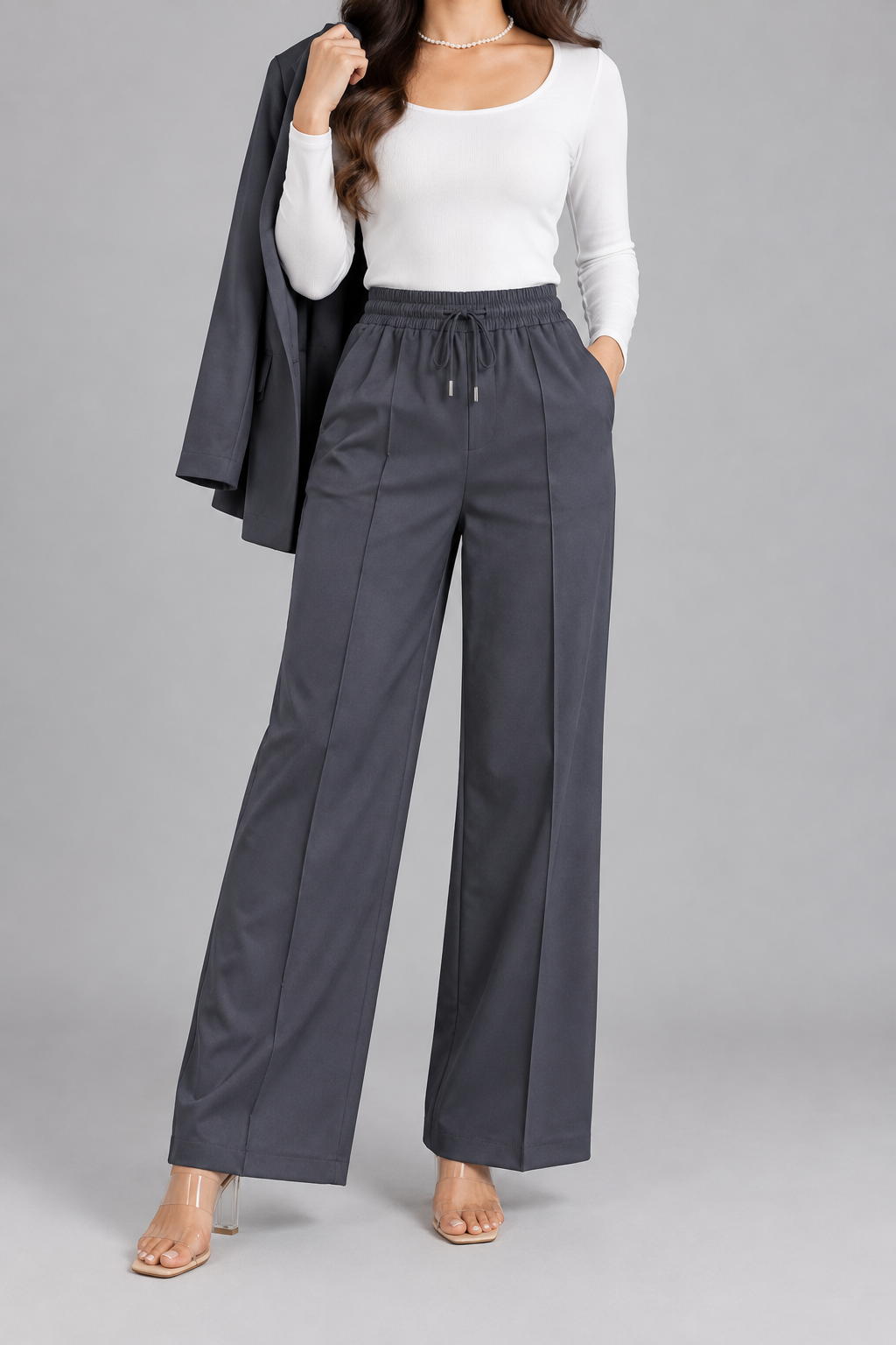 Front-Crease Wide-Leg Trousers with Drawstring Waist | Miss Kapachi