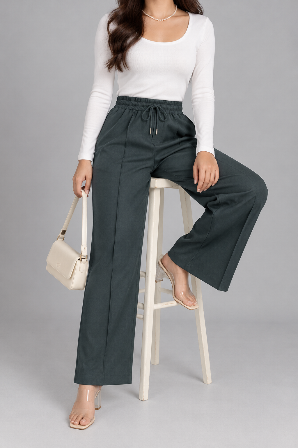 Front-Crease Wide-Leg Trousers with Drawstring Waist | Miss Kapachi