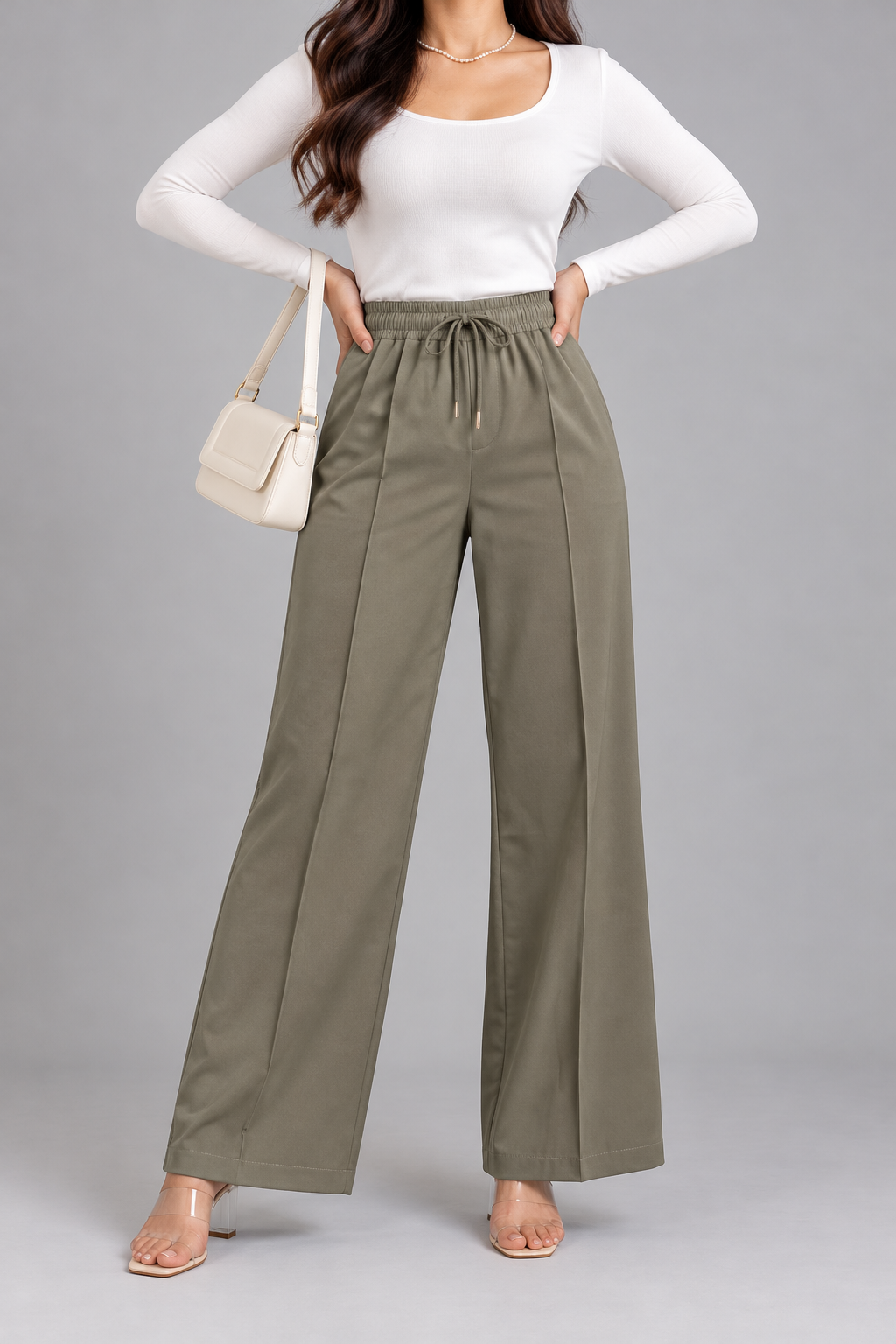 Front-Crease Wide-Leg Trousers with Drawstring Waist | Miss Kapachi