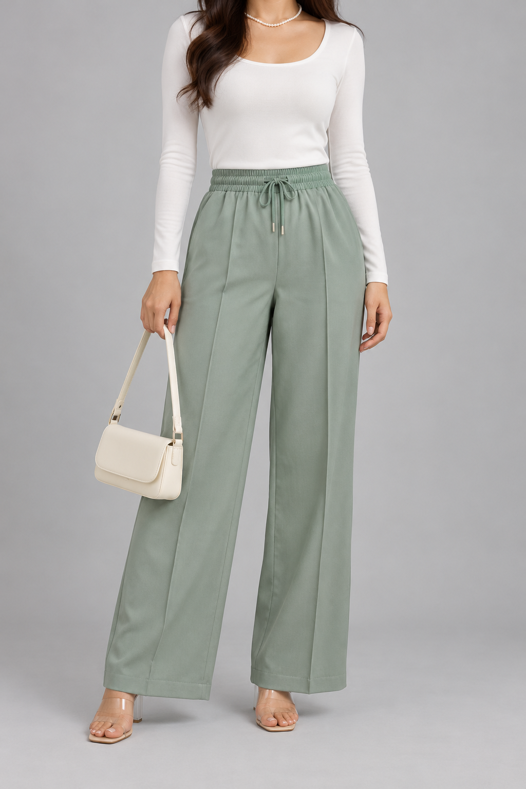 Front-Crease Wide-Leg Trousers with Drawstring Waist | Miss Kapachi