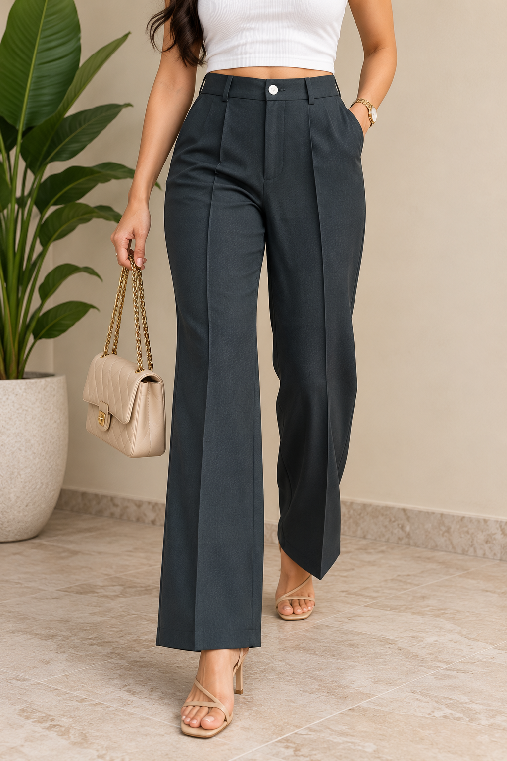 Women's High-Waisted Pleated Wide-Leg Trousers | Miss Kapachi