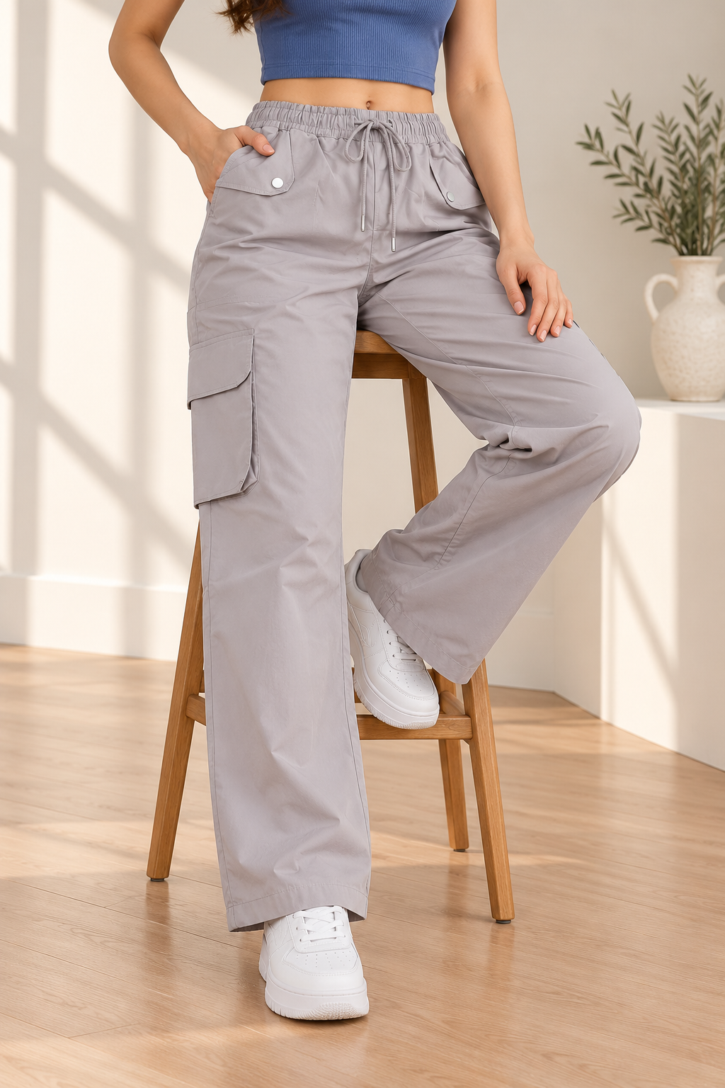 Wide-Leg Cargo Pants with Elastic Drawstring Waist | Miss Kapachi
