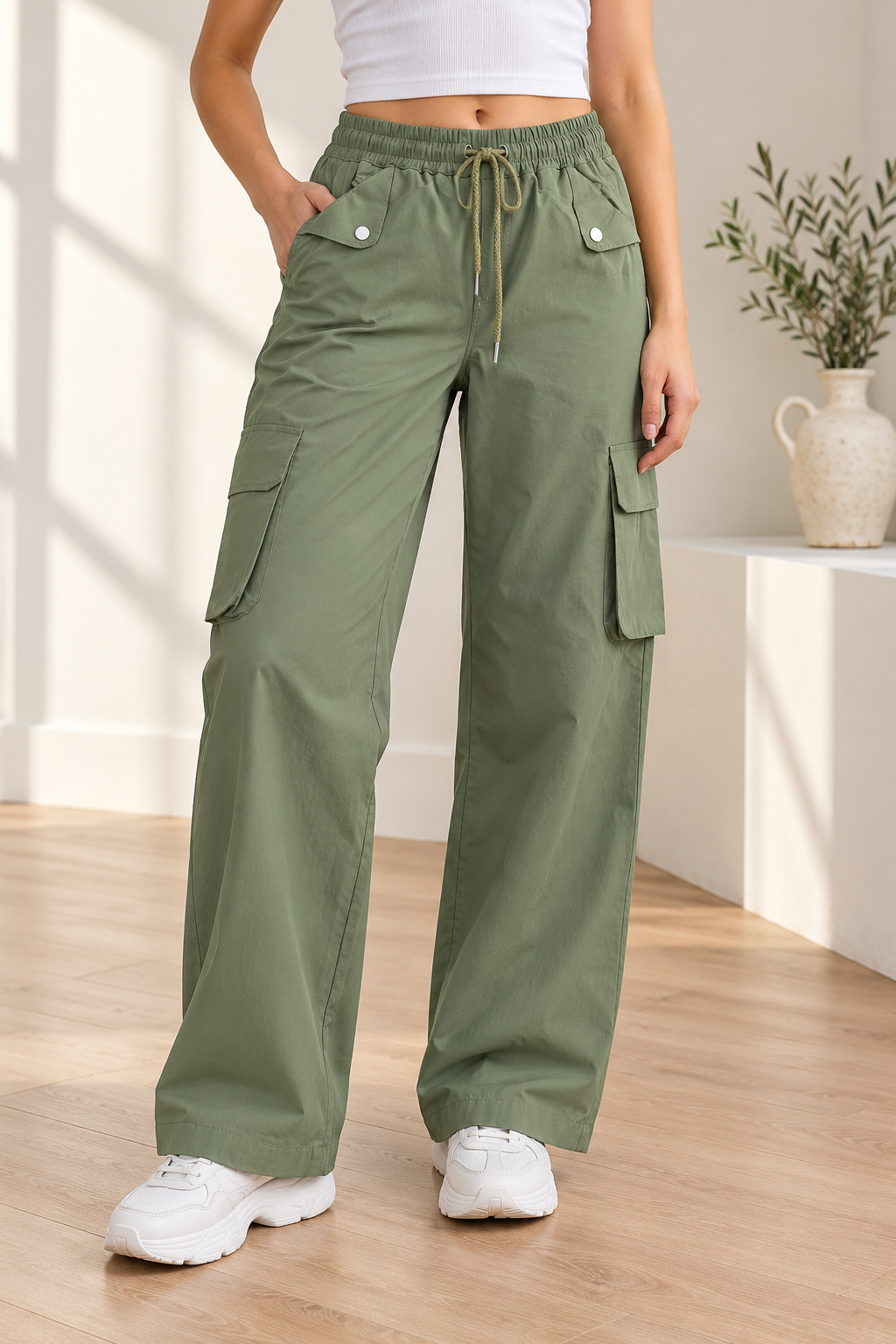 Wide-Leg Cargo Pants with Elastic Drawstring Waist | Miss Kapachi