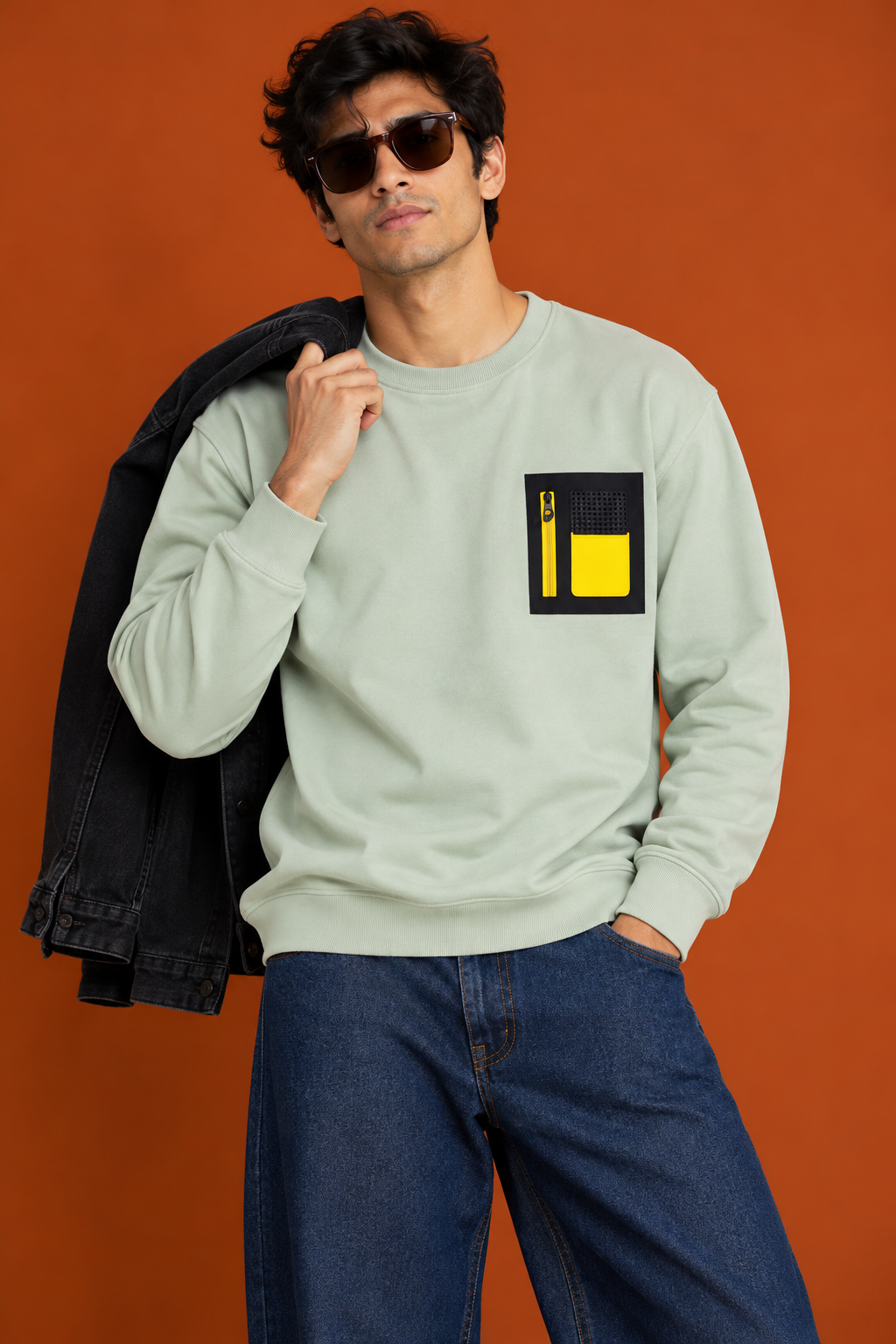 Crew Neck Sweatshirt with Contrast Chest Patch | Lemon8 Men's