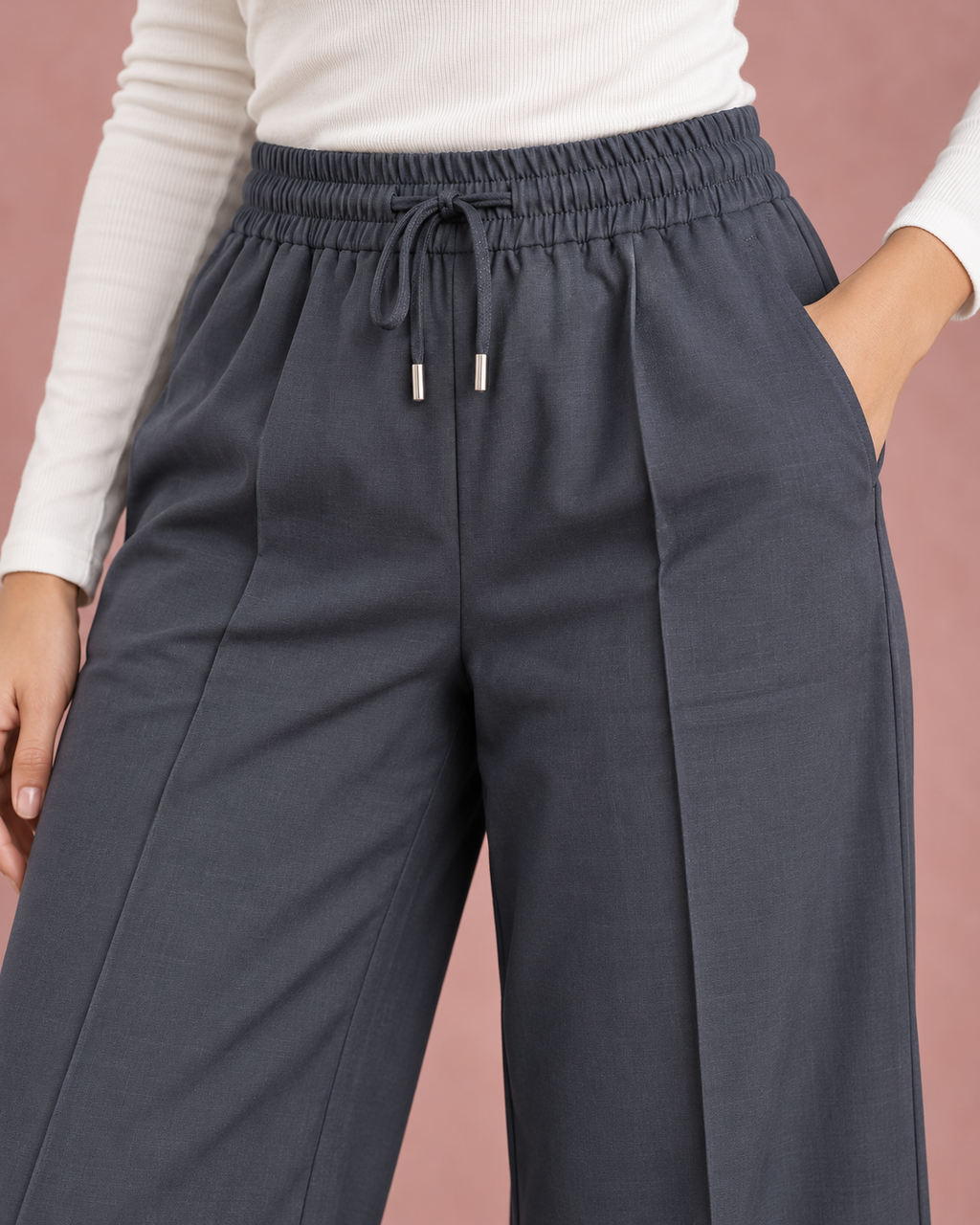 Front-Crease Wide-Leg Trousers with Drawstring Waist | Miss Kapachi