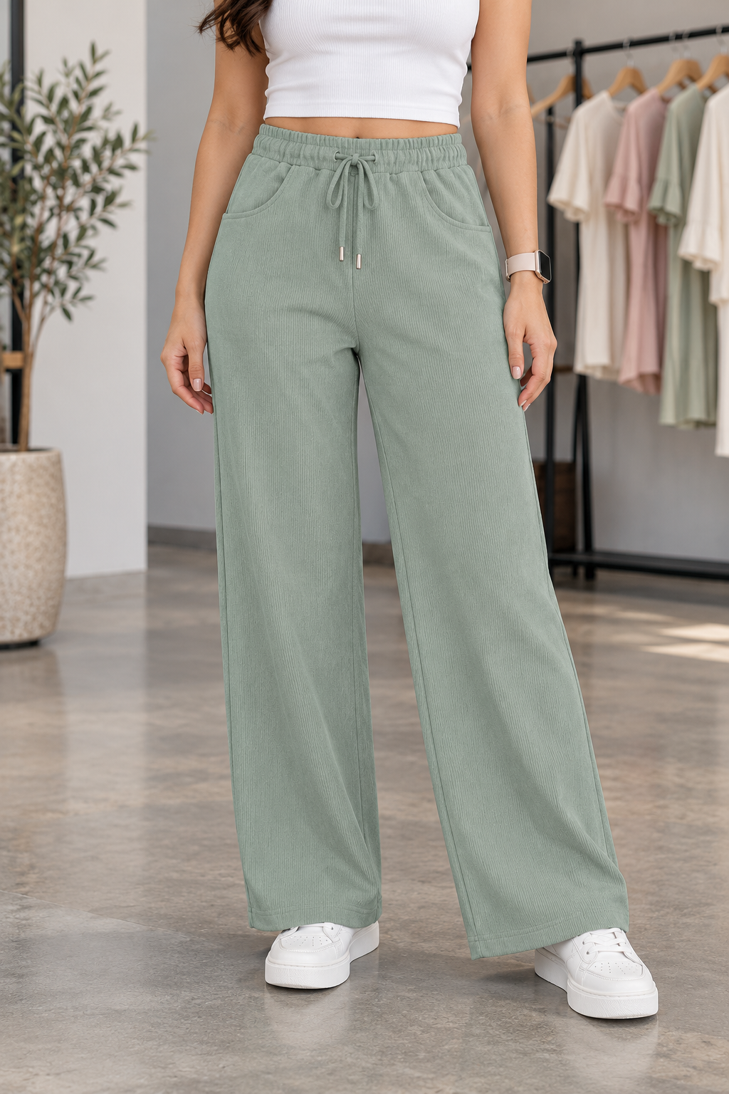 Textured Wide-Leg Pants with Drawstring Waist | Miss Kapachi
