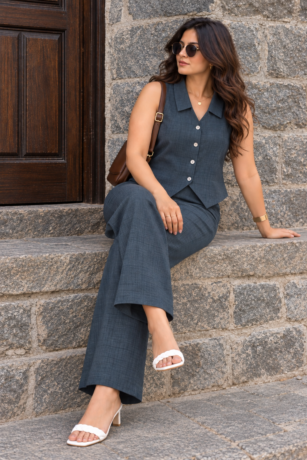 Women's Sleeveless Collared Waistcoat & Wide-Leg Pants Co-ord Set | Miss Kapachi