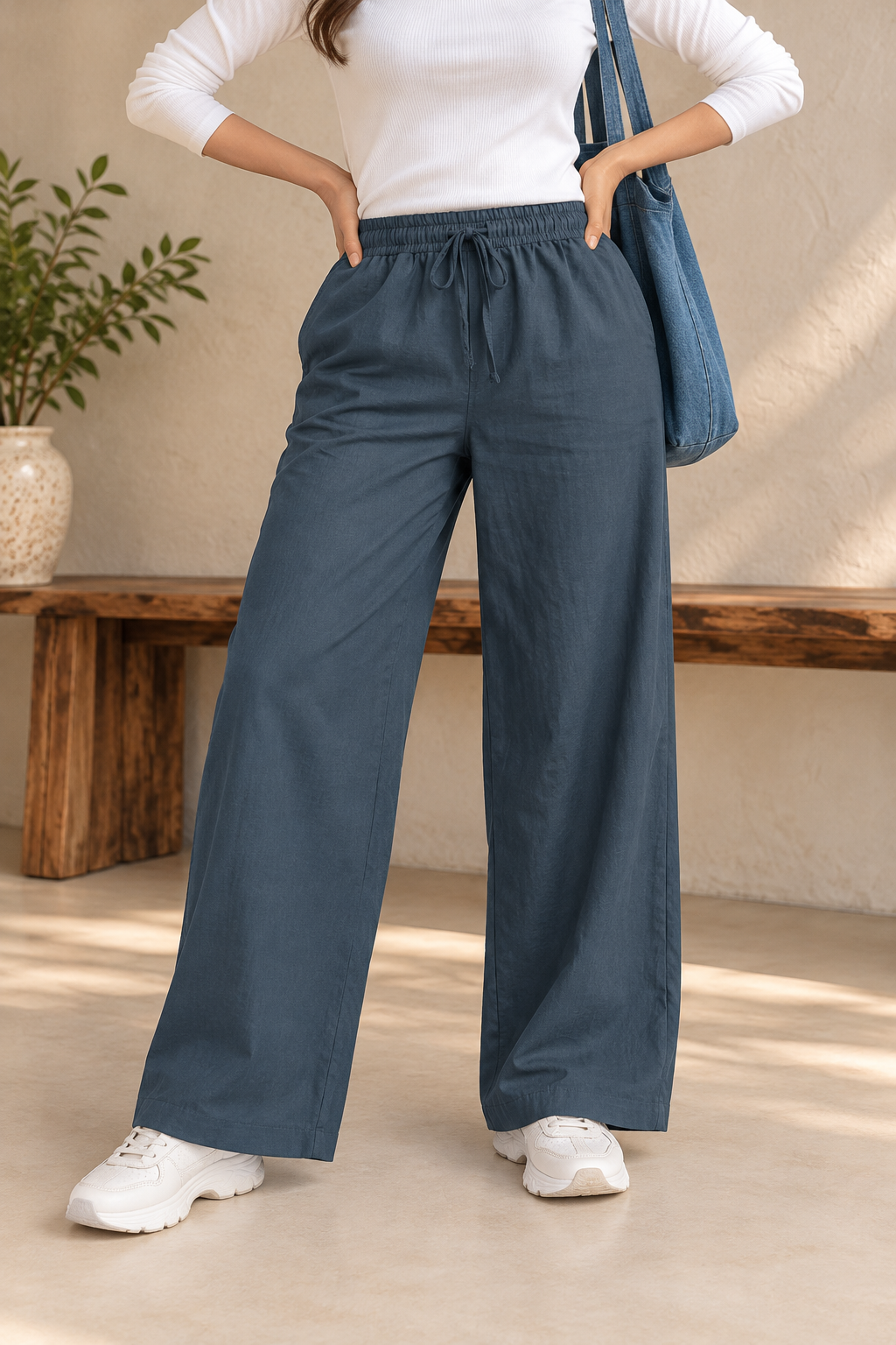 Wide-Leg Palazzo Pants with Elastic Drawstring Waist | Miss Kapachi