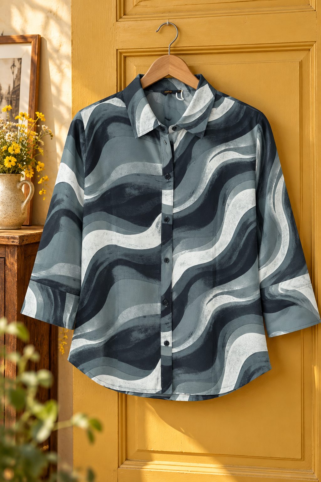 Women's Abstract Wave Print Button-Front Shirt | Miss Kapachi