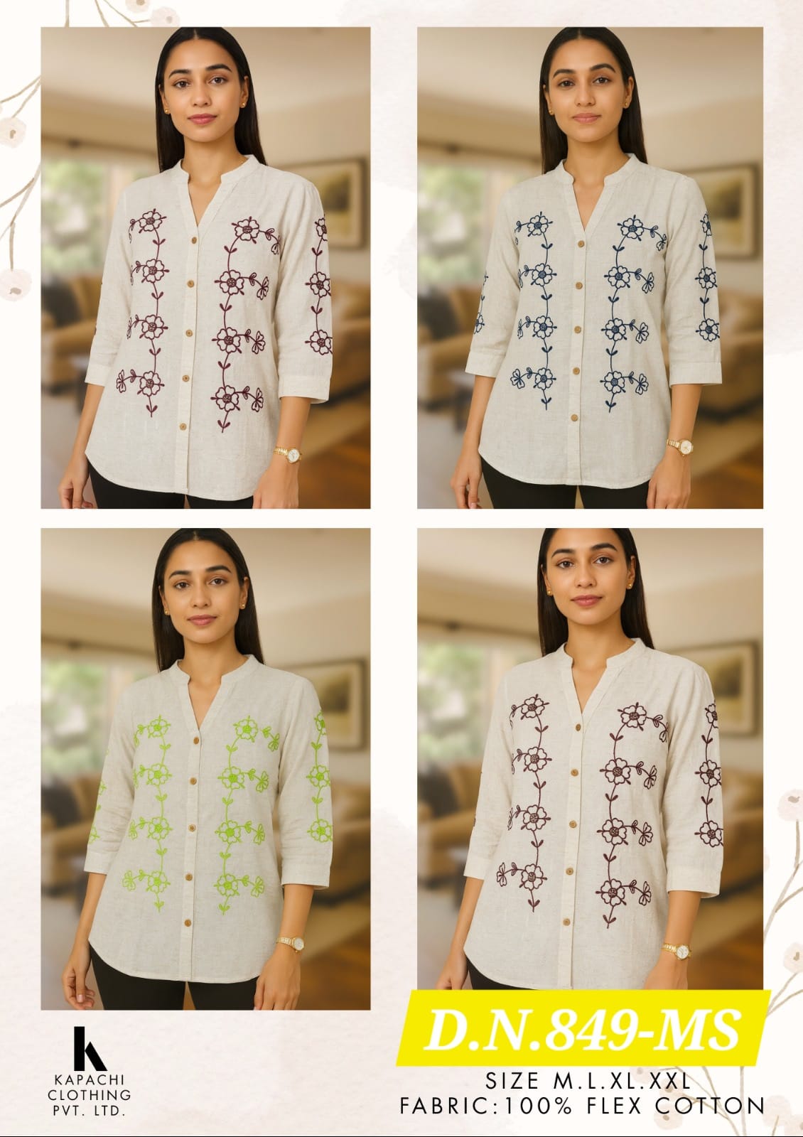 Off-White Floral Embroidered Flex Cotton Top | Mandarin Collar Button-Down Women's Top | Zero+1