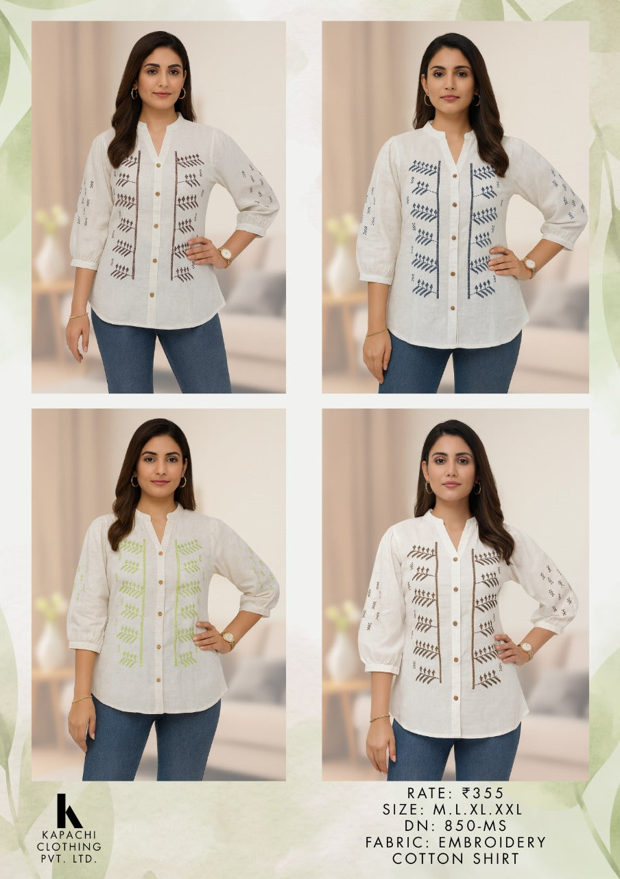 White Embroidered Cotton Shirt for Women | Mandarin Collar Button-Down Top | Miss Kapachi