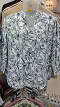 Monochrome Floral Leaf Print Top | V-Neck Jewel Button 3/4 Sleeve Women's Top | Miss Kapachi