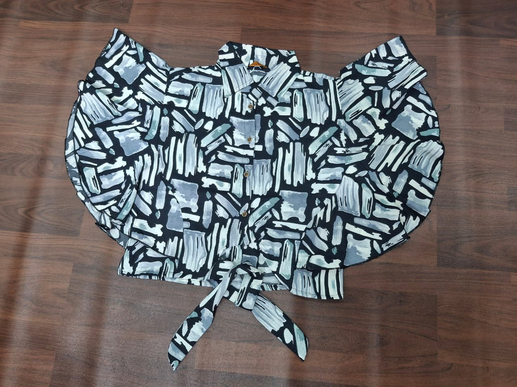 Abstract Brushstroke Print Ruffle-Sleeve Collared Tie-Front Crop Top | Miss Kapachi