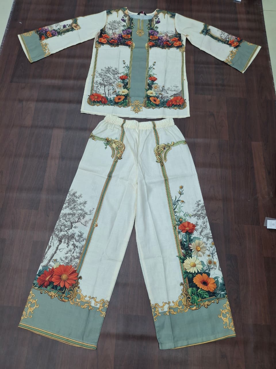 Ivory Baroque Garden Floral Digital Print Ethnic Co-Ord Set | Miss Kapachi