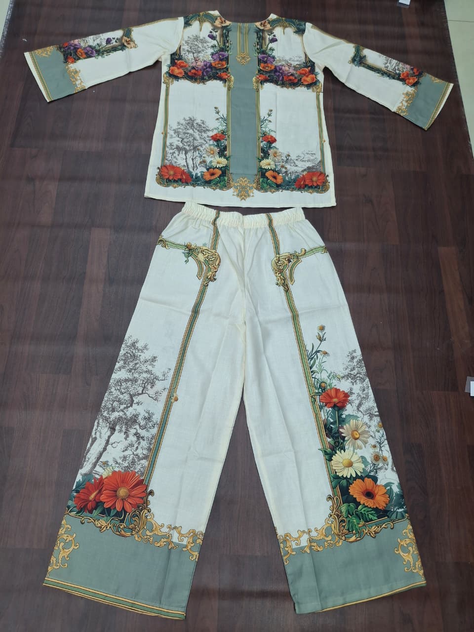 Ivory Baroque Garden Floral Digital Print Ethnic Co-Ord Set | Miss Kapachi