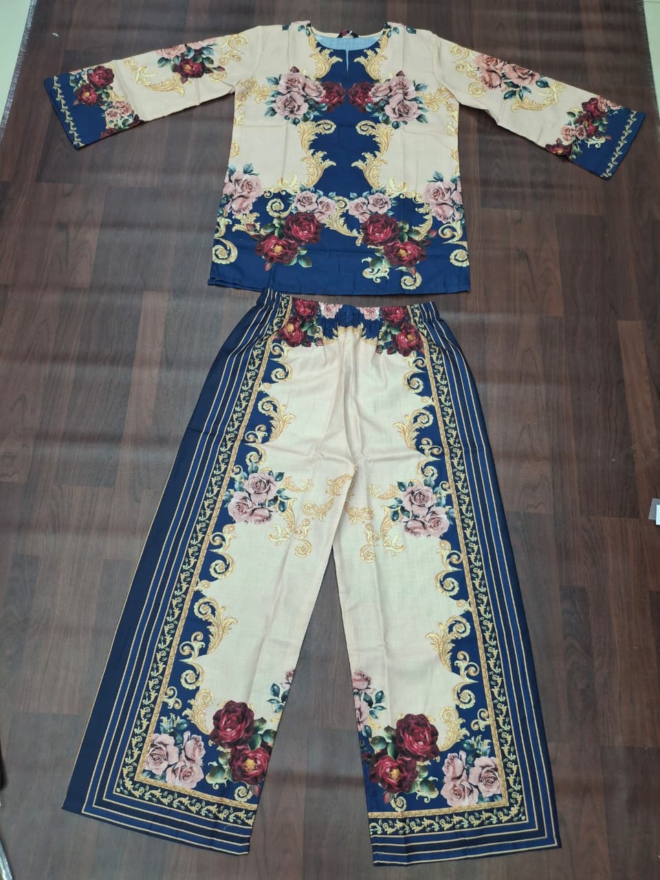 Navy Blue & Cream Baroque Rose Print Ethnic Fusion Co-Ord Set | Miss Kapachi