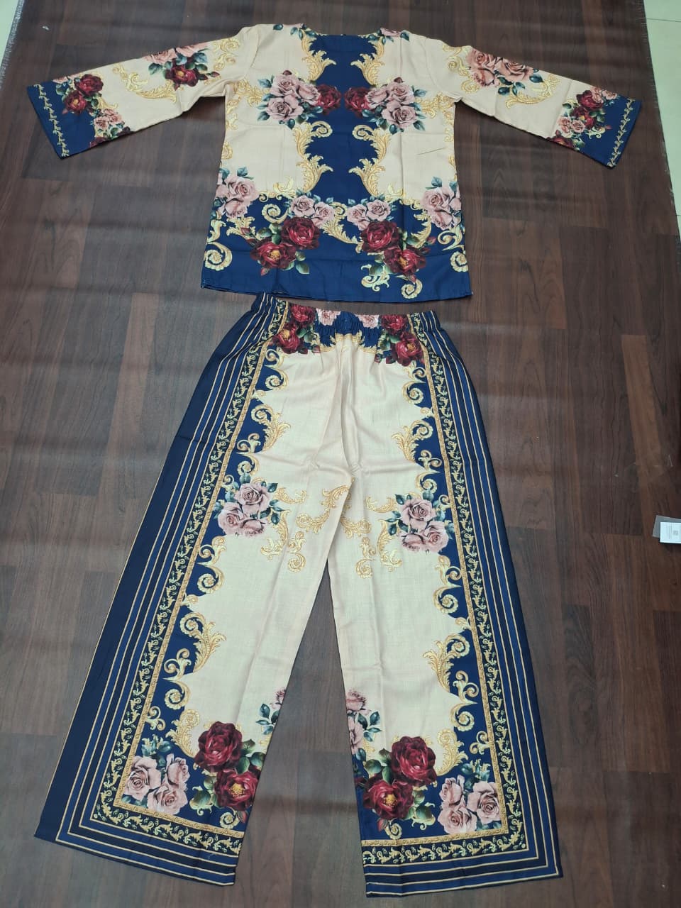 Navy Blue & Cream Baroque Rose Print Ethnic Fusion Co-Ord Set | Miss Kapachi