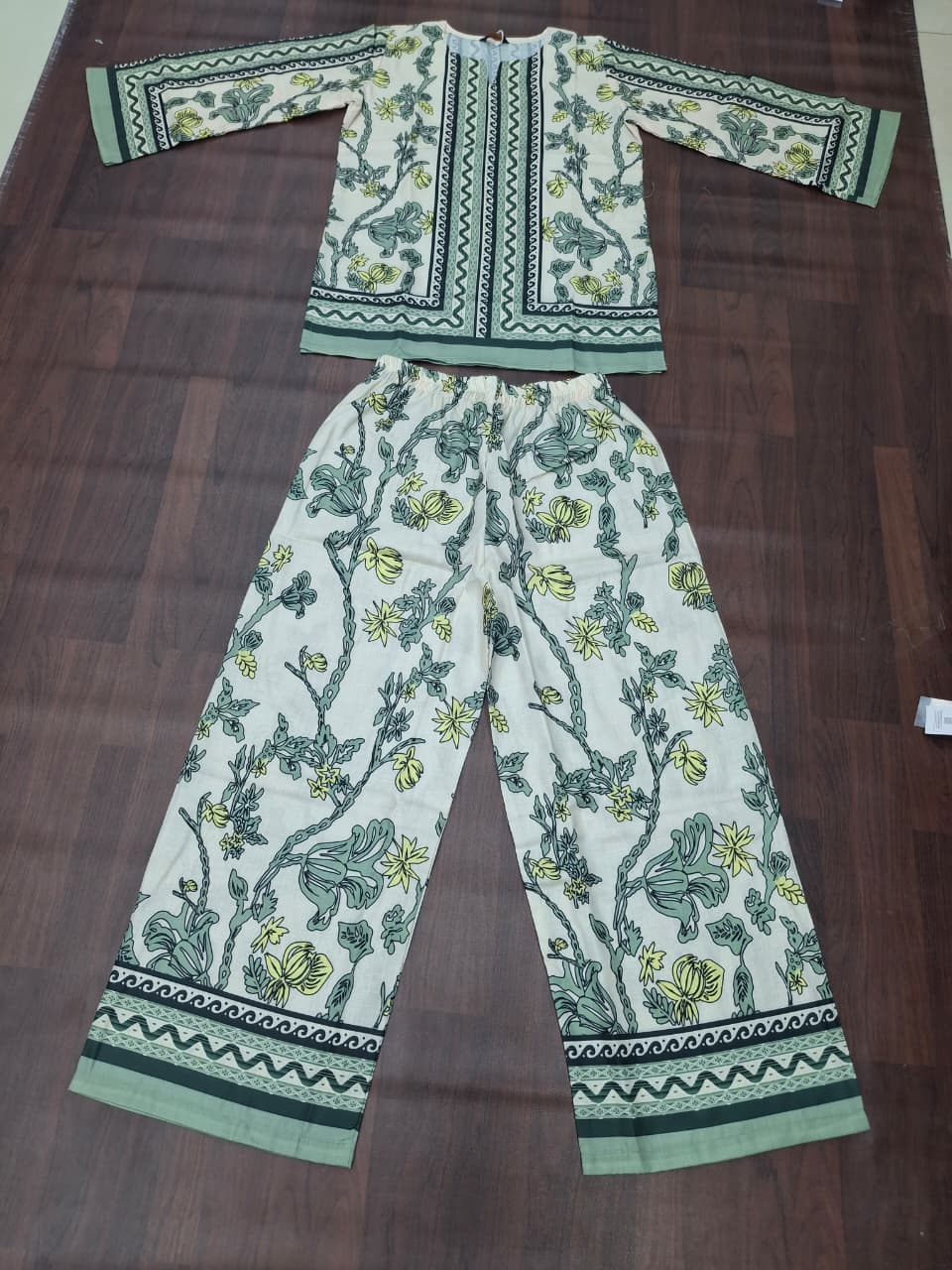 Cream & Sage Green Jaal Floral Block Print Ethnic Co-Ord Set – Kurta & Wide Leg Palazzo | Miss Kapachi