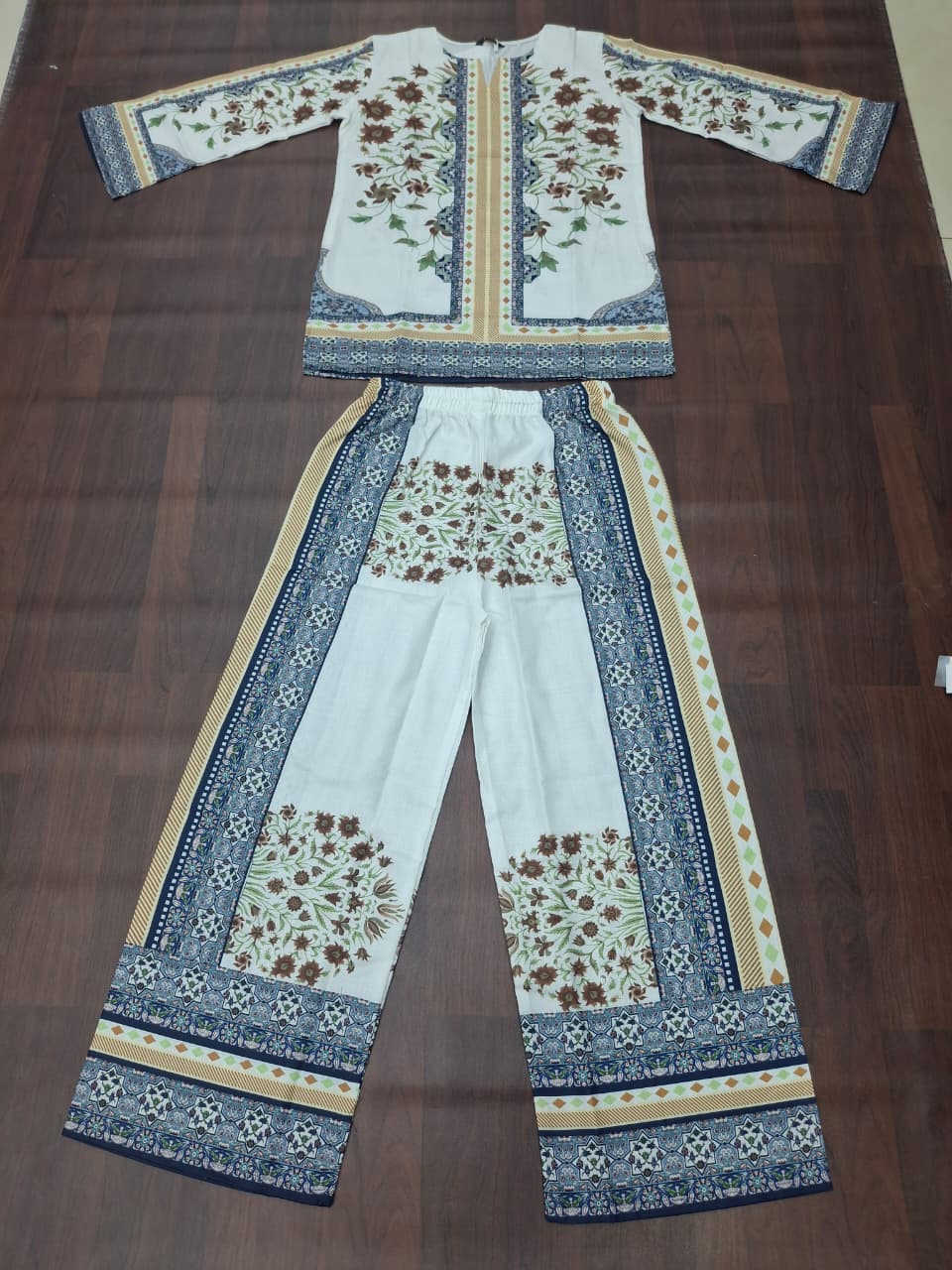 White Sunflower & Blue Geometric Border Print Ethnic Co-Ord Set | Miss Kapachi