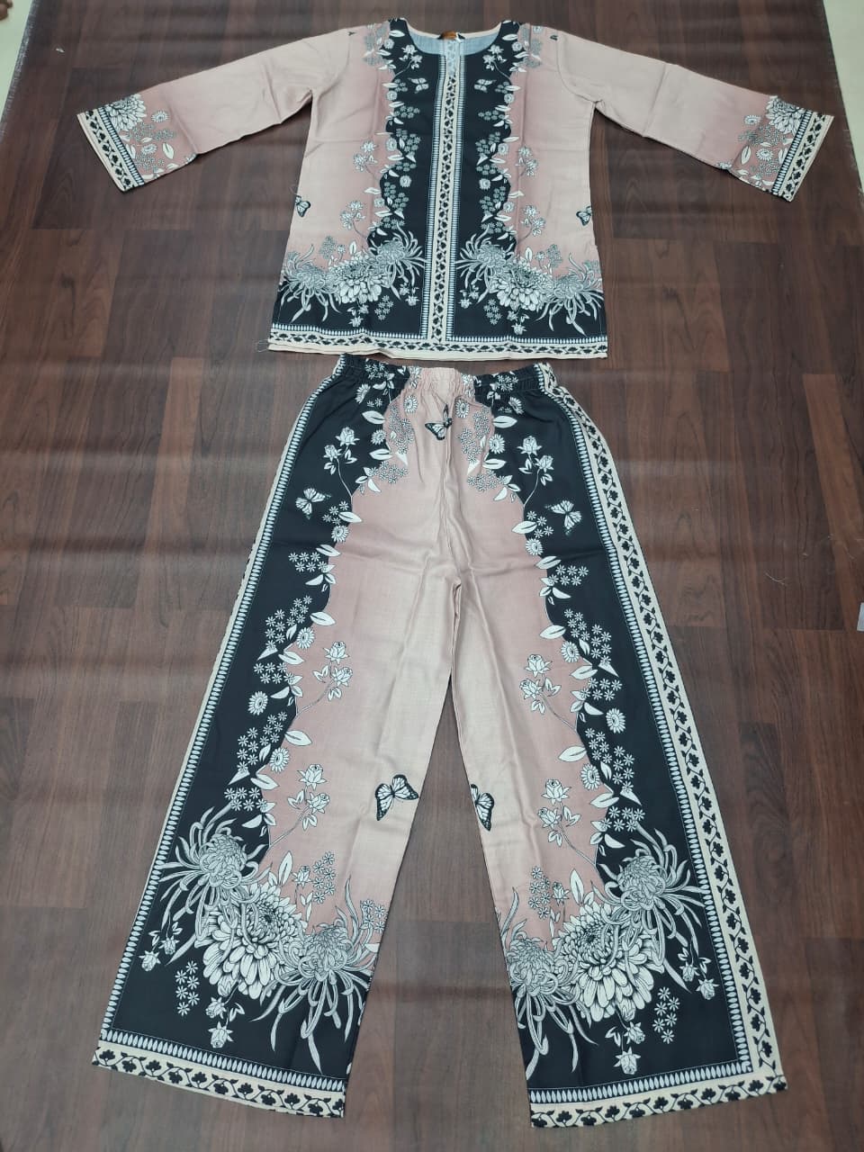 Blush Pink & Black Chrysanthemum Butterfly Print Ethnic Co-ord Set | Miss Kapachi