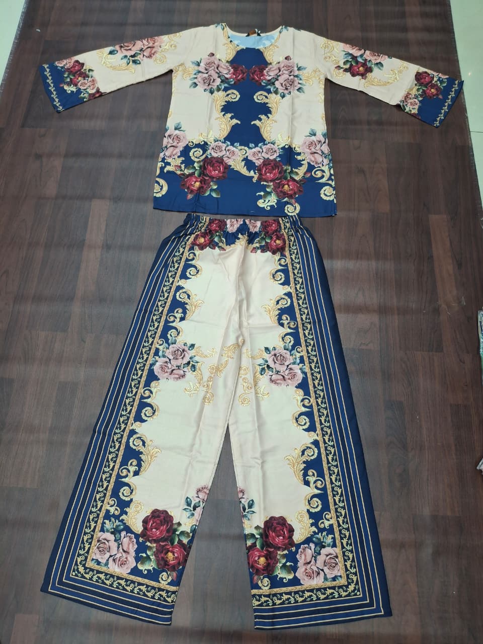 Navy Blue & Ivory Baroque Rose Print Round Neck Ethnic Co-Ord Set | Miss Kapachi