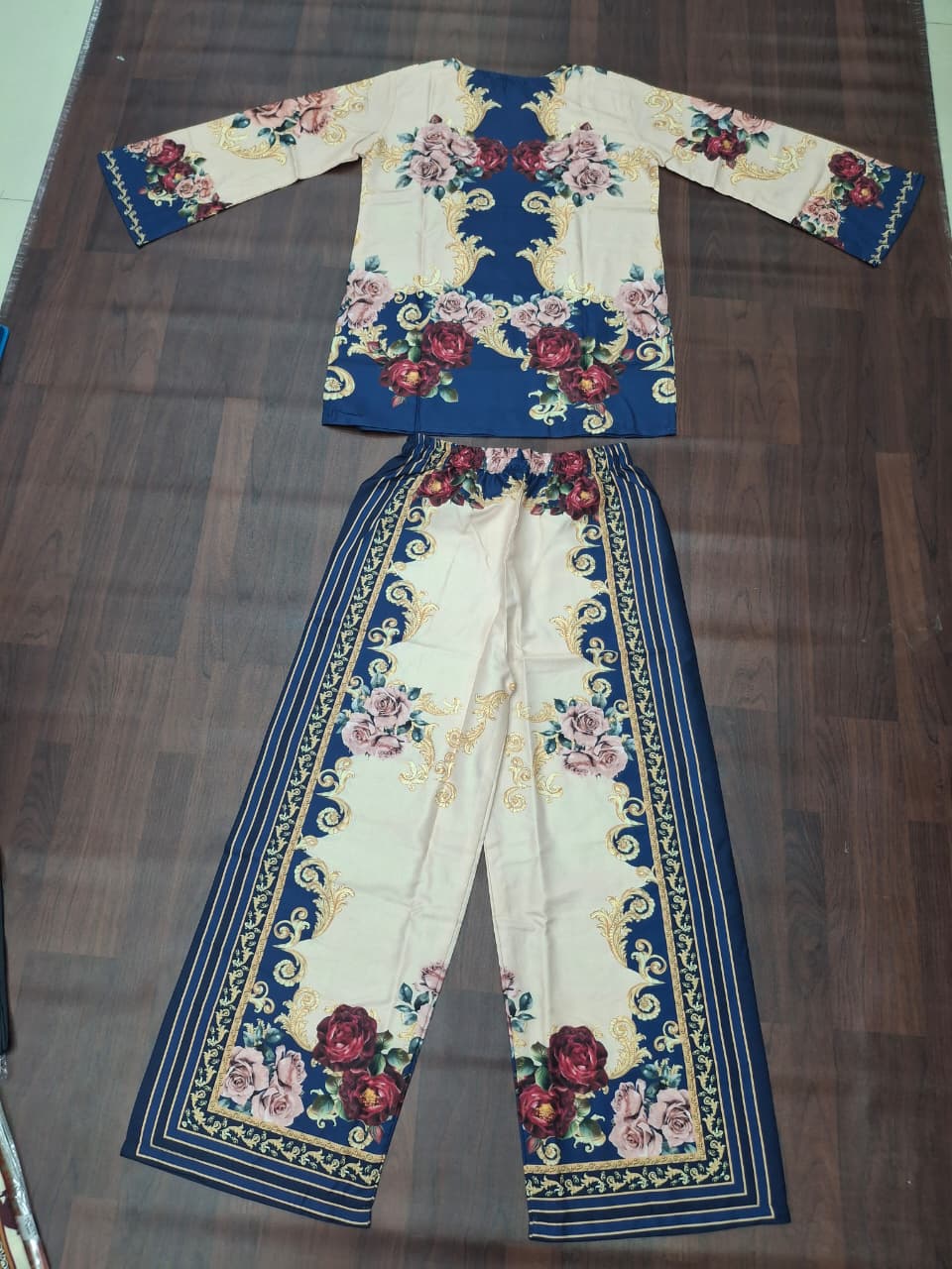 Navy Blue & Ivory Baroque Rose Print Round Neck Ethnic Co-Ord Set | Miss Kapachi