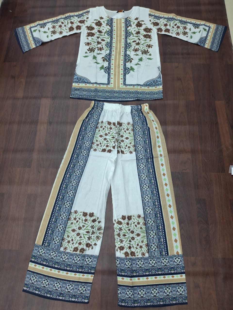 White Sunflower & Blue Geometric Border Print Ethnic Co-Ord Set | Miss Kapachi
