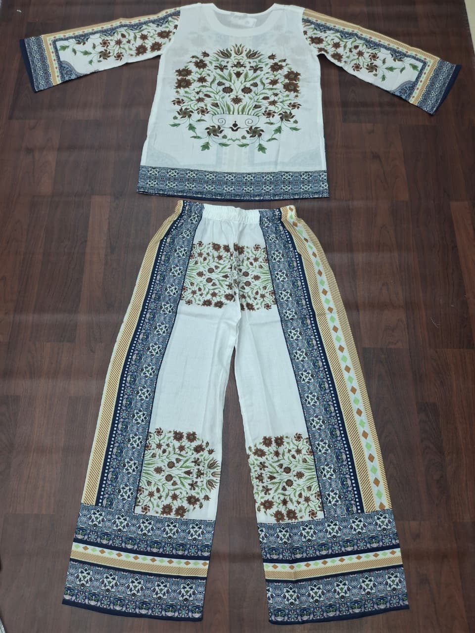 White Sunflower & Blue Geometric Border Print Ethnic Co-Ord Set | Miss Kapachi