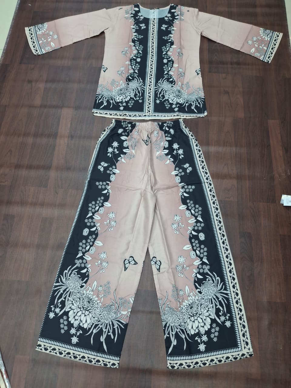 Blush Pink & Charcoal Chrysanthemum Butterfly Print Ethnic Co-Ord Set | Miss Kapachi